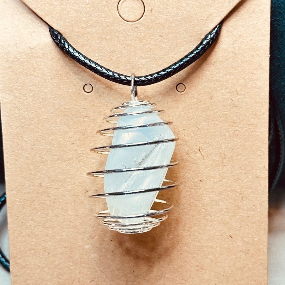 925 Sterling Silver Plated & Opalite Crystal in Medium Spiral Wire Wrapped Cage